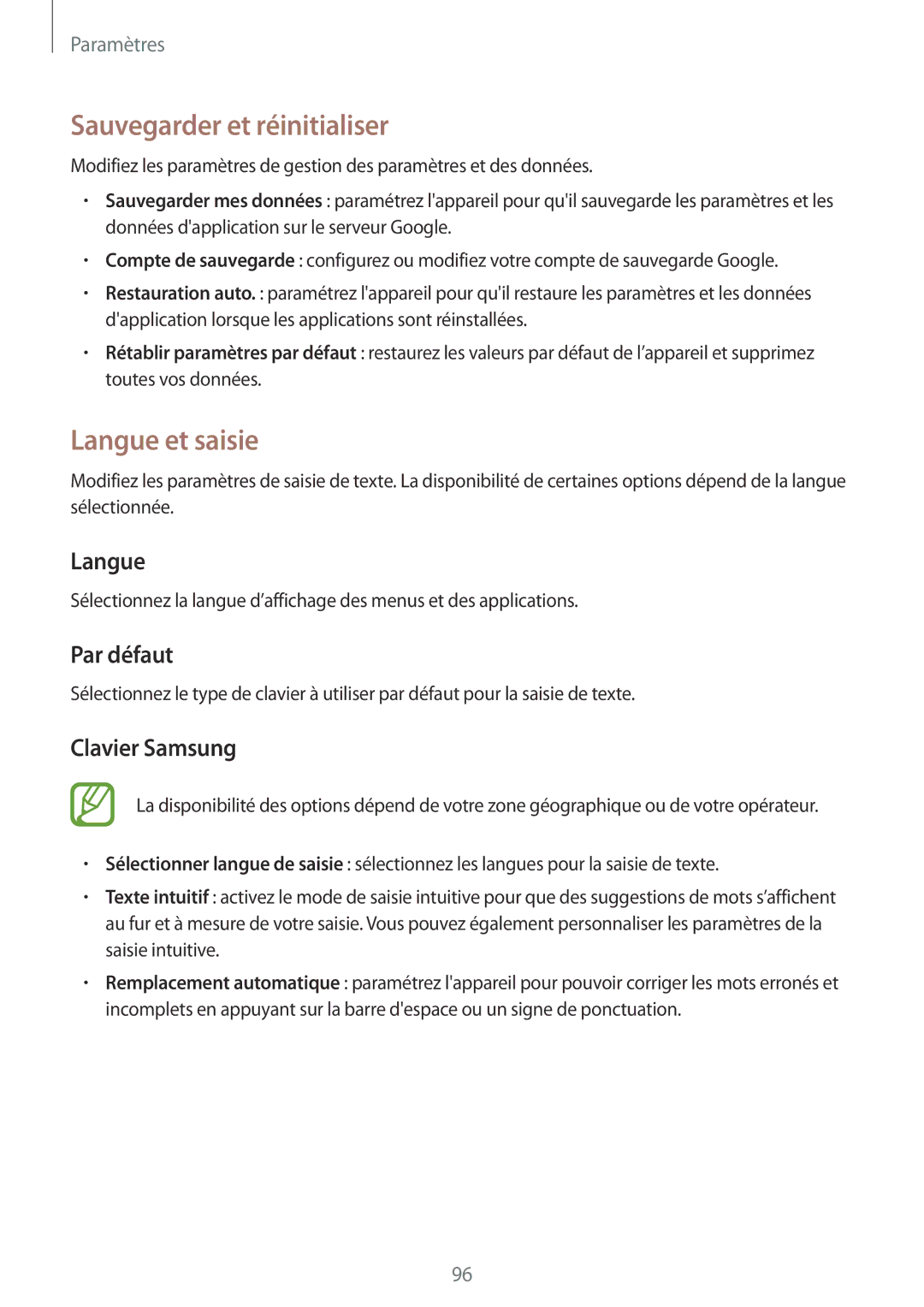 Samsung SM-T360NNGAXEF manual Sauvegarder et réinitialiser, Langue et saisie, Par défaut, Clavier Samsung 