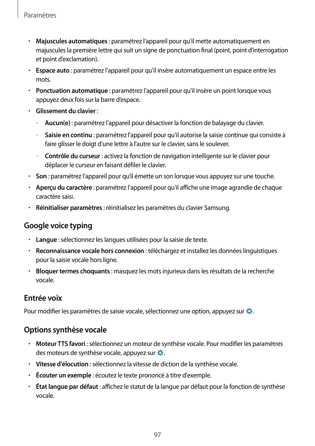 Samsung SM-T360NNGAXEF manual Google voice typing, Entrée voix, Options synthèse vocale 