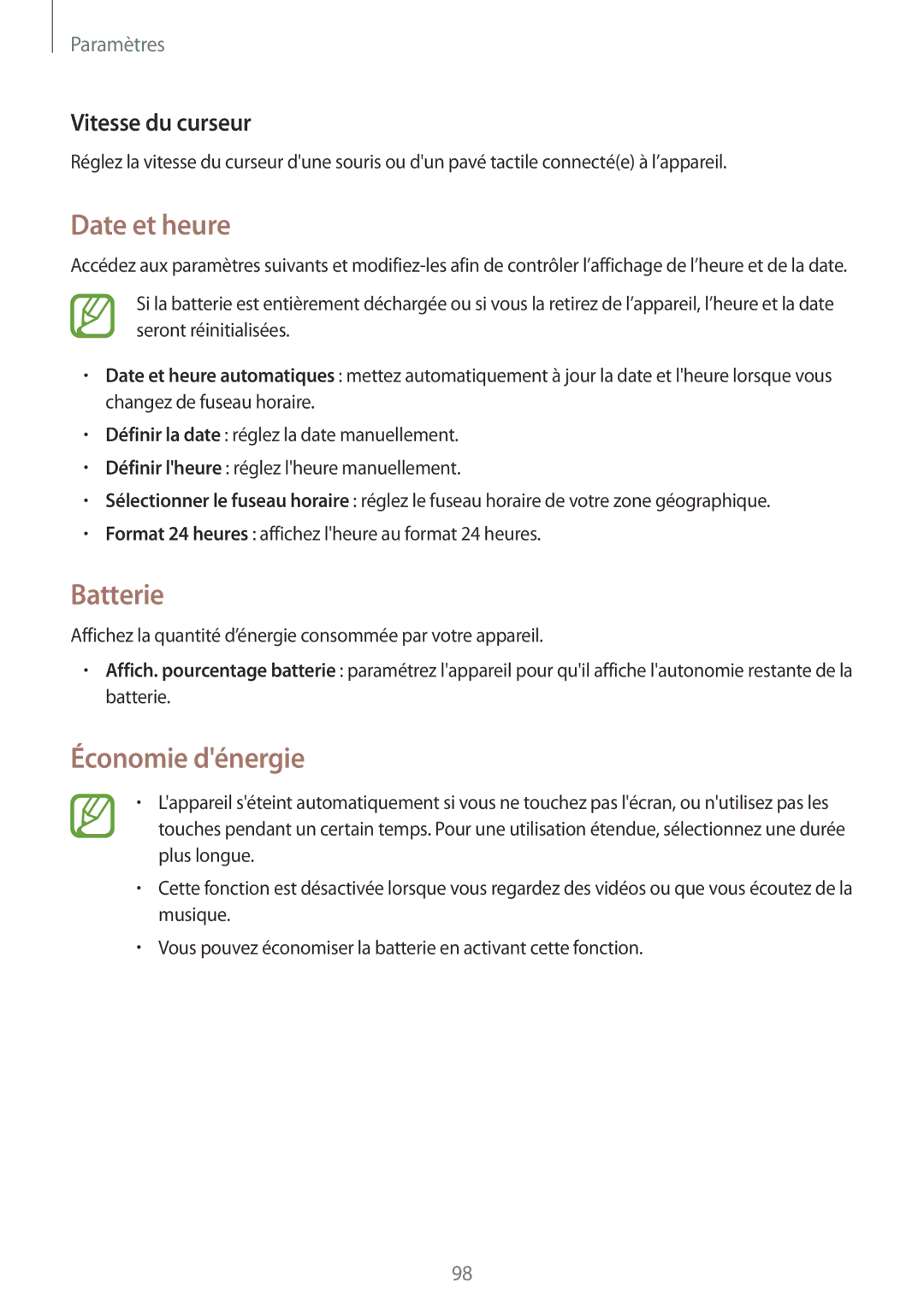 Samsung SM-T360NNGAXEF manual Date et heure, Batterie, Économie dénergie, Vitesse du curseur 