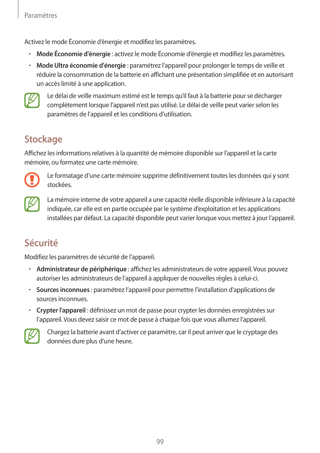 Samsung SM-T360NNGAXEF manual Stockage, Sécurité 