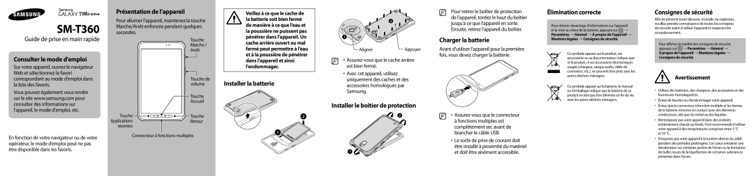 Samsung SM-T360NNGAXEF manual Consulter le mode demploi, Présentation de l’appareil, Installer la batterie 