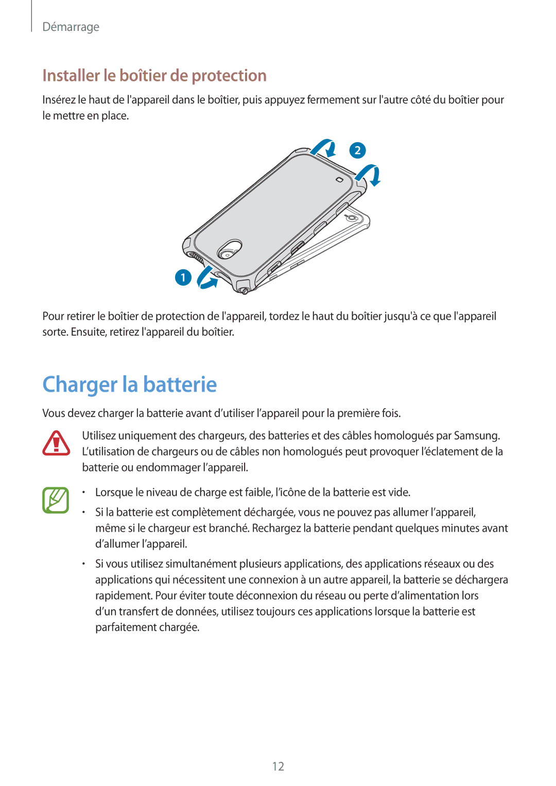 Samsung SM-T360NNGAXEF manual Charger la batterie, Installer le boîtier de protection 