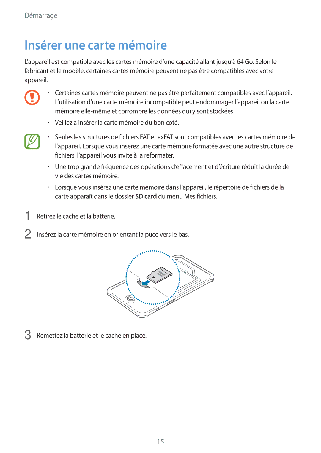 Samsung SM-T360NNGAXEF manual Insérer une carte mémoire 