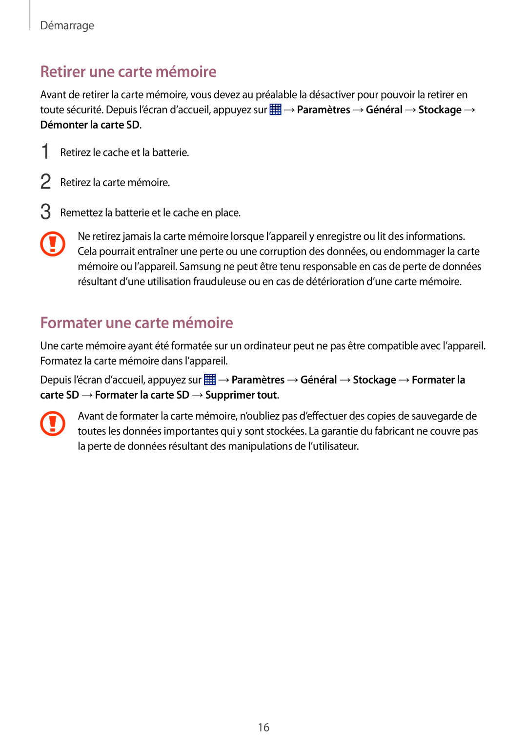 Samsung SM-T360NNGAXEF manual Retirer une carte mémoire, Formater une carte mémoire 