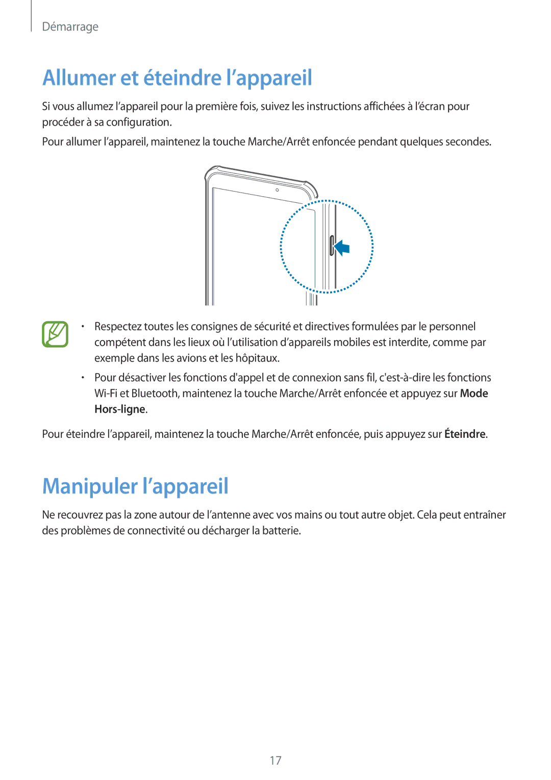 Samsung SM-T360NNGAXEF manual Allumer et éteindre l’appareil, Manipuler l’appareil 