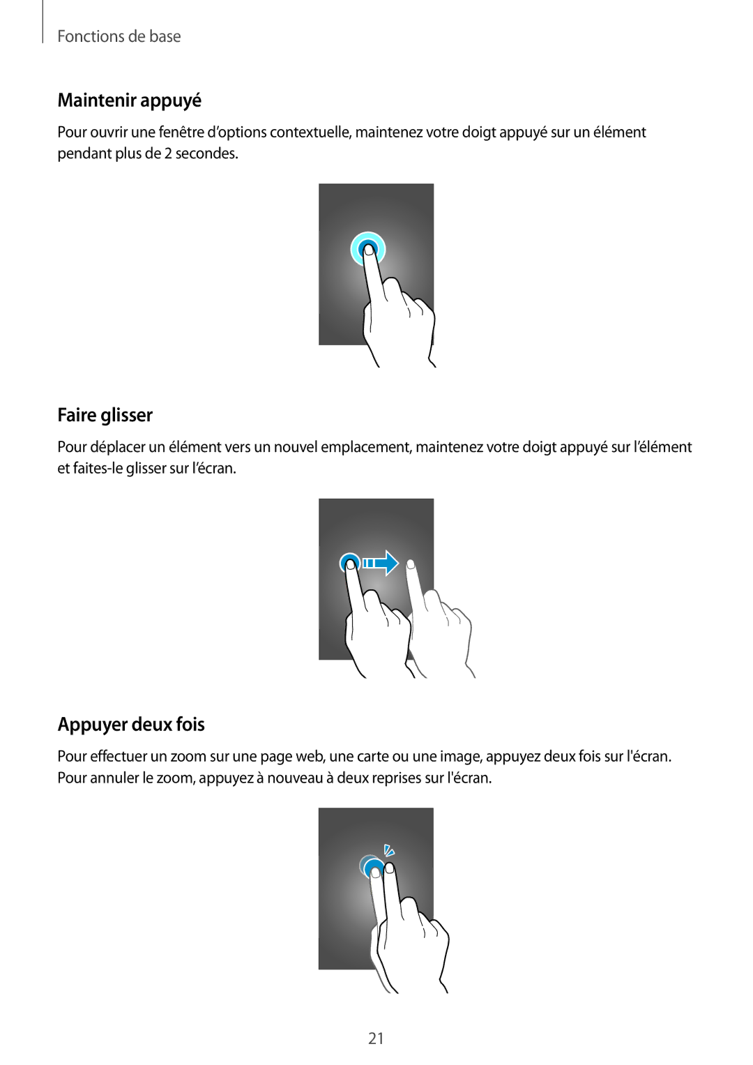 Samsung SM-T360NNGAXEF manual Maintenir appuyé, Faire glisser, Appuyer deux fois 