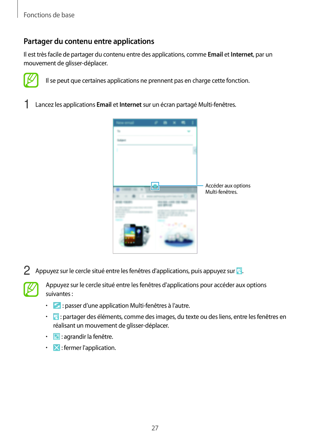 Samsung SM-T360NNGAXEF manual Partager du contenu entre applications 