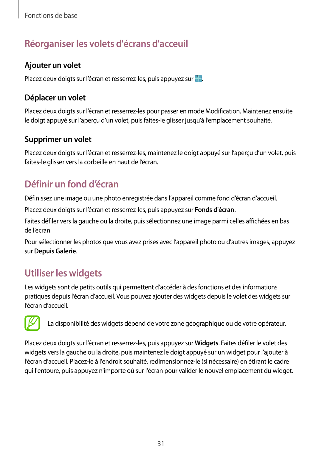 Samsung SM-T360NNGAXEF manual Réorganiser les volets décrans dacceuil, Définir un fond d’écran, Utiliser les widgets 