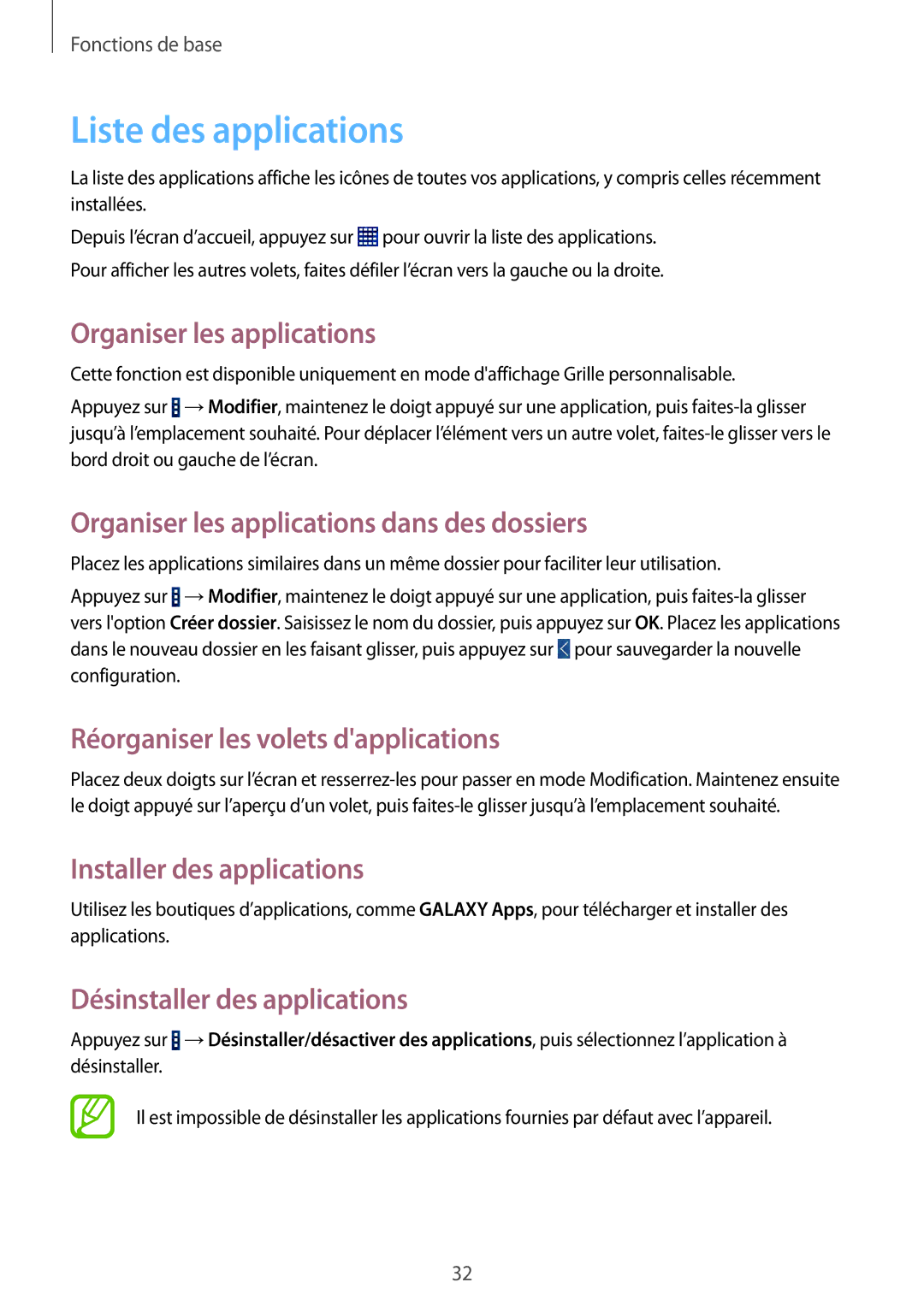 Samsung SM-T360NNGAXEF manual Liste des applications 