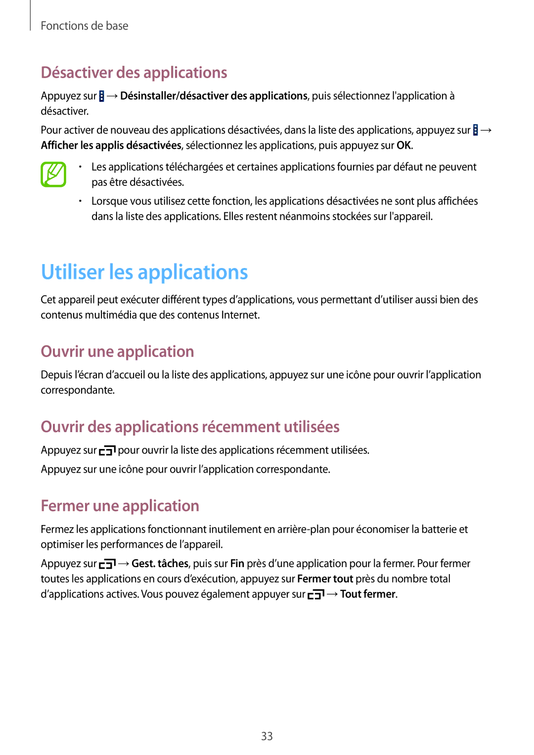 Samsung SM-T360NNGAXEF manual Utiliser les applications, Désactiver des applications, Ouvrir une application 