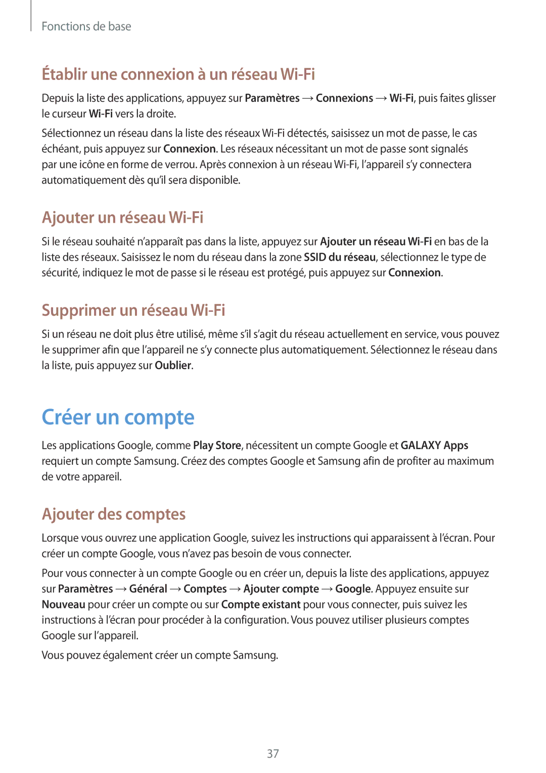 Samsung SM-T360NNGAXEF manual Créer un compte, Établir une connexion à un réseau Wi-Fi, Ajouter un réseau Wi-Fi 