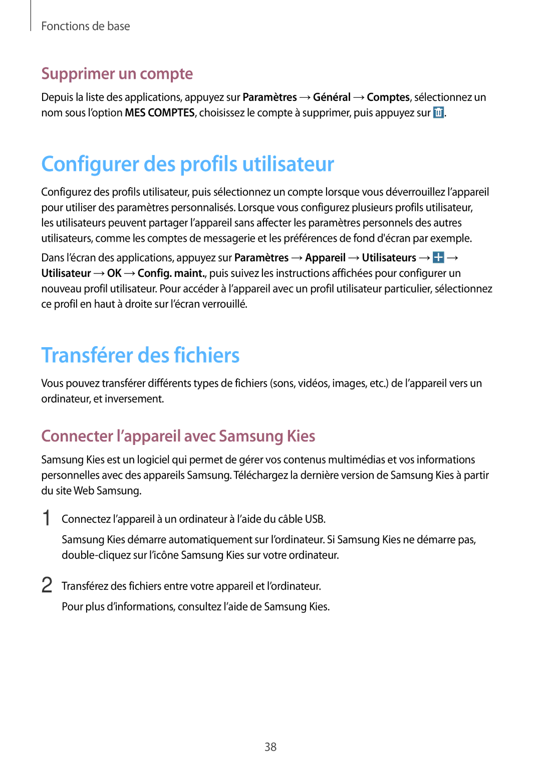 Samsung SM-T360NNGAXEF manual Configurer des profils utilisateur, Transférer des fichiers, Supprimer un compte 