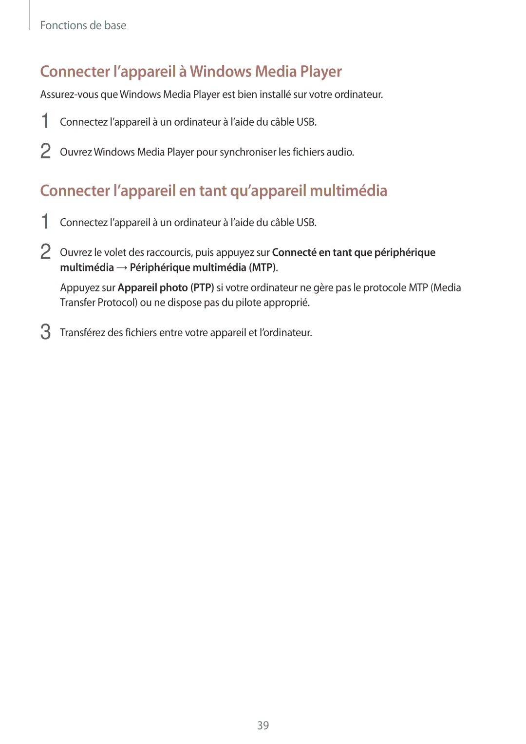 Samsung SM-T360NNGAXEF Connecter l’appareil à Windows Media Player, Connecter l’appareil en tant qu’appareil multimédia 