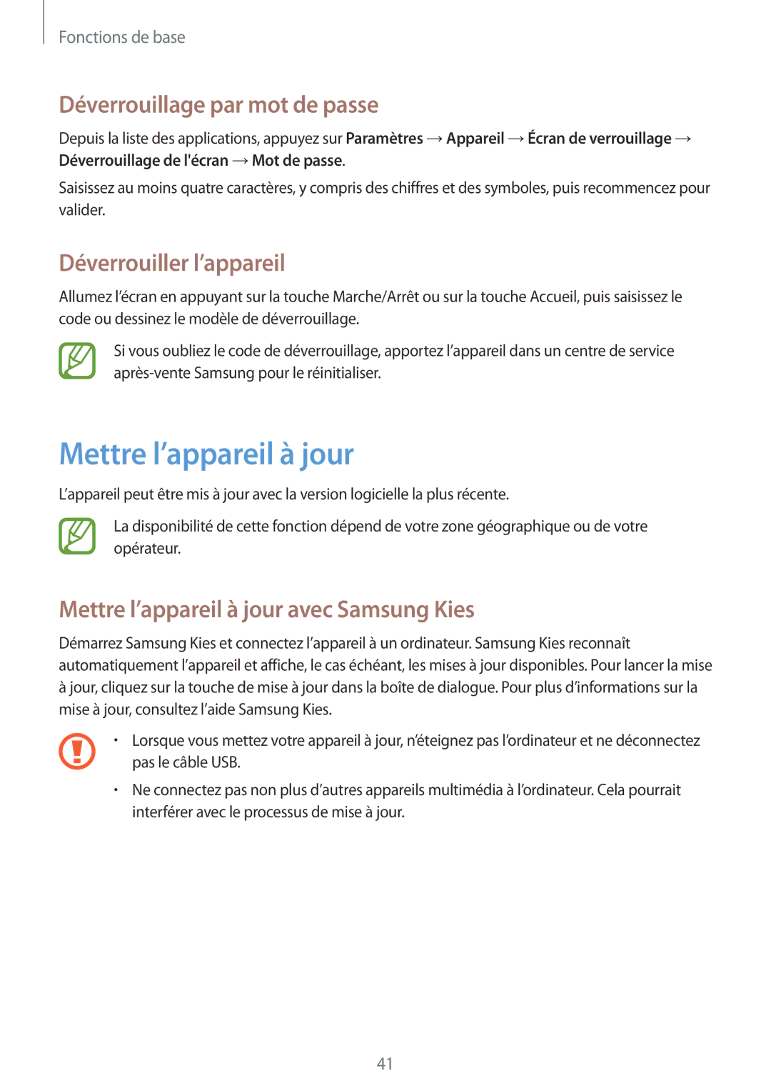 Samsung SM-T360NNGAXEF manual Mettre l’appareil à jour, Déverrouillage par mot de passe, Déverrouiller l’appareil 