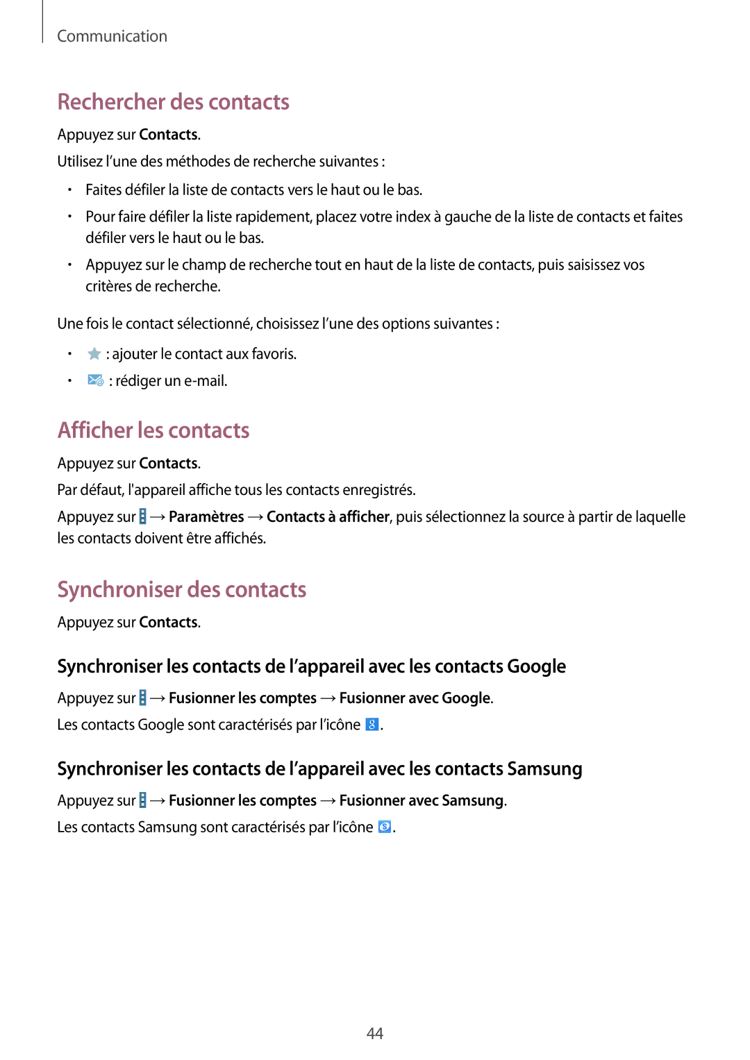 Samsung SM-T360NNGAXEF manual Rechercher des contacts, Afficher les contacts, Synchroniser des contacts 