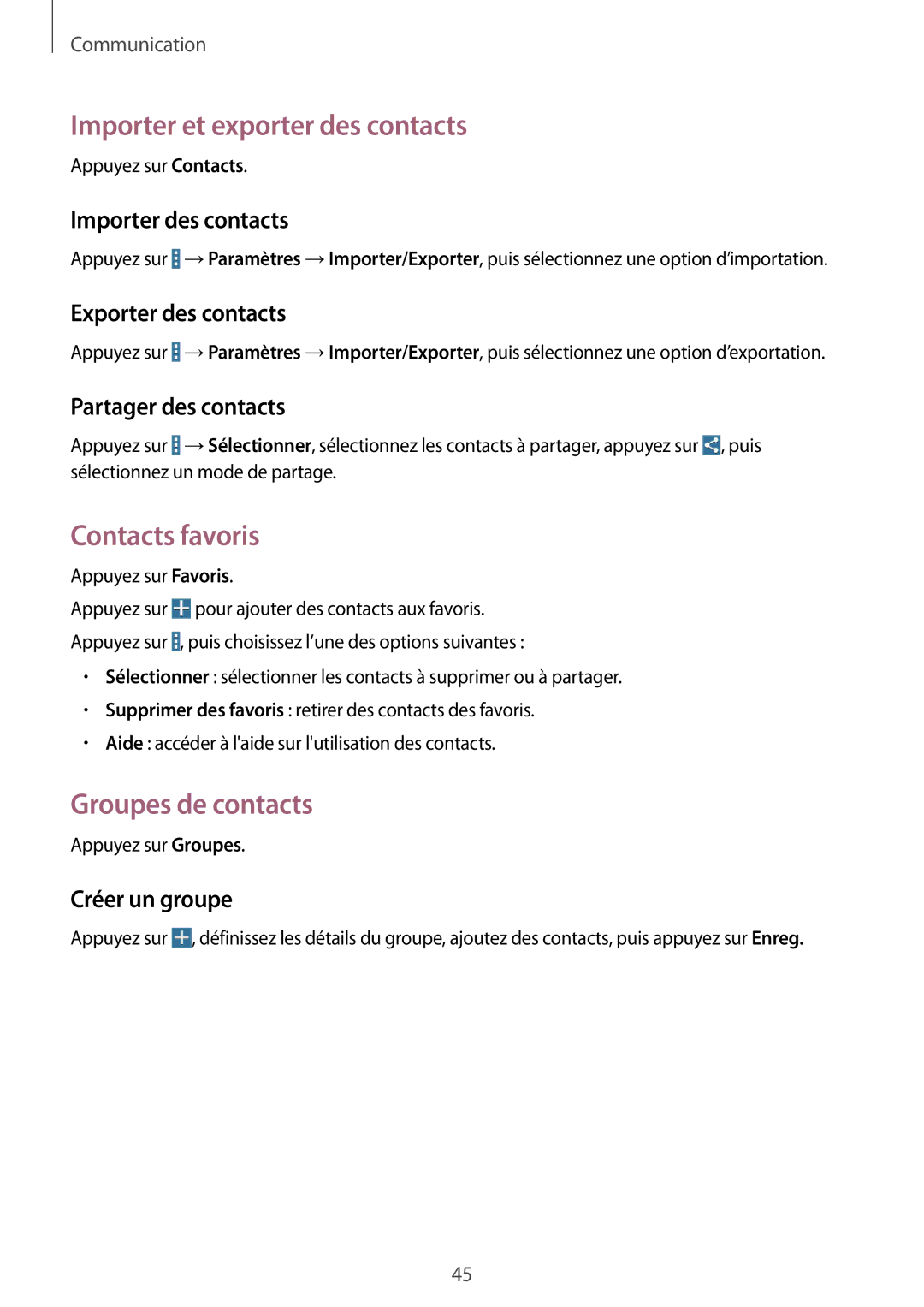 Samsung SM-T360NNGAXEF manual Importer et exporter des contacts, Contacts favoris, Groupes de contacts 