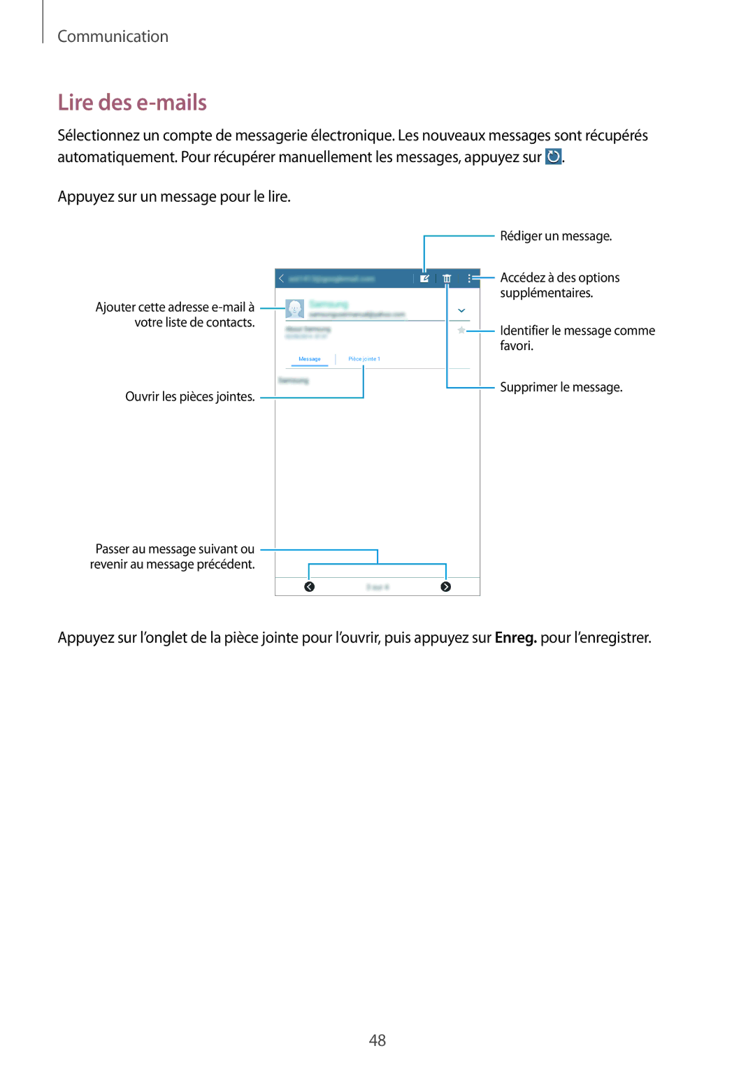 Samsung SM-T360NNGAXEF manual Lire des e-mails, Appuyez sur un message pour le lire 