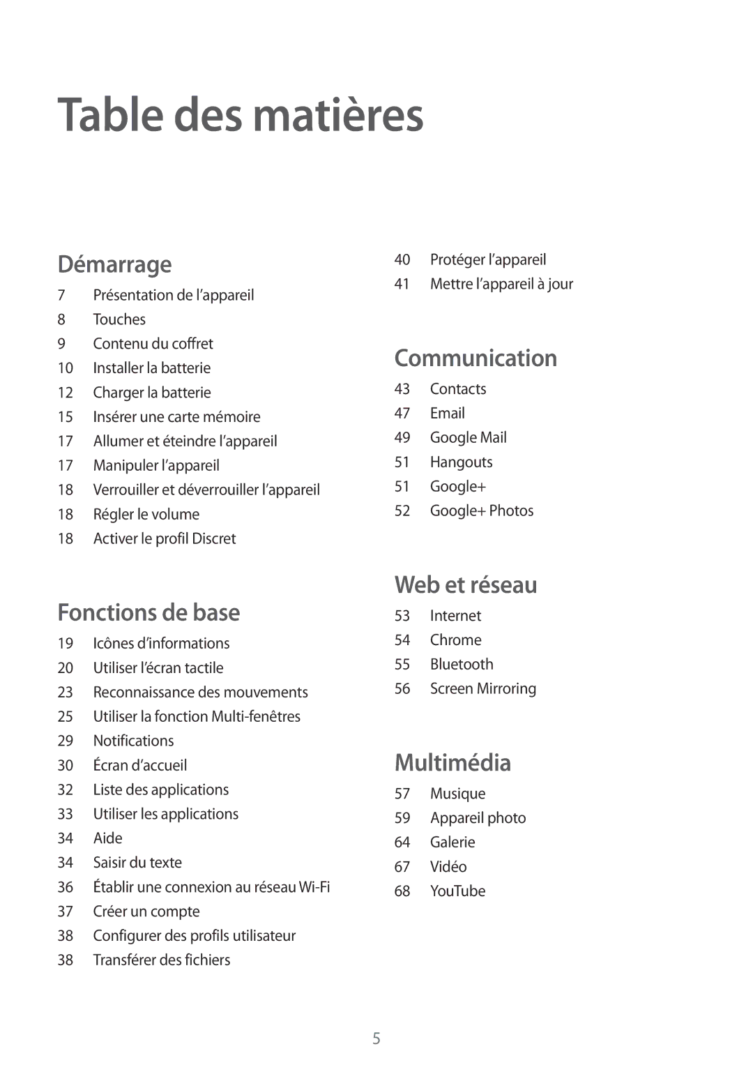 Samsung SM-T360NNGAXEF manual Table des matières, Démarrage 