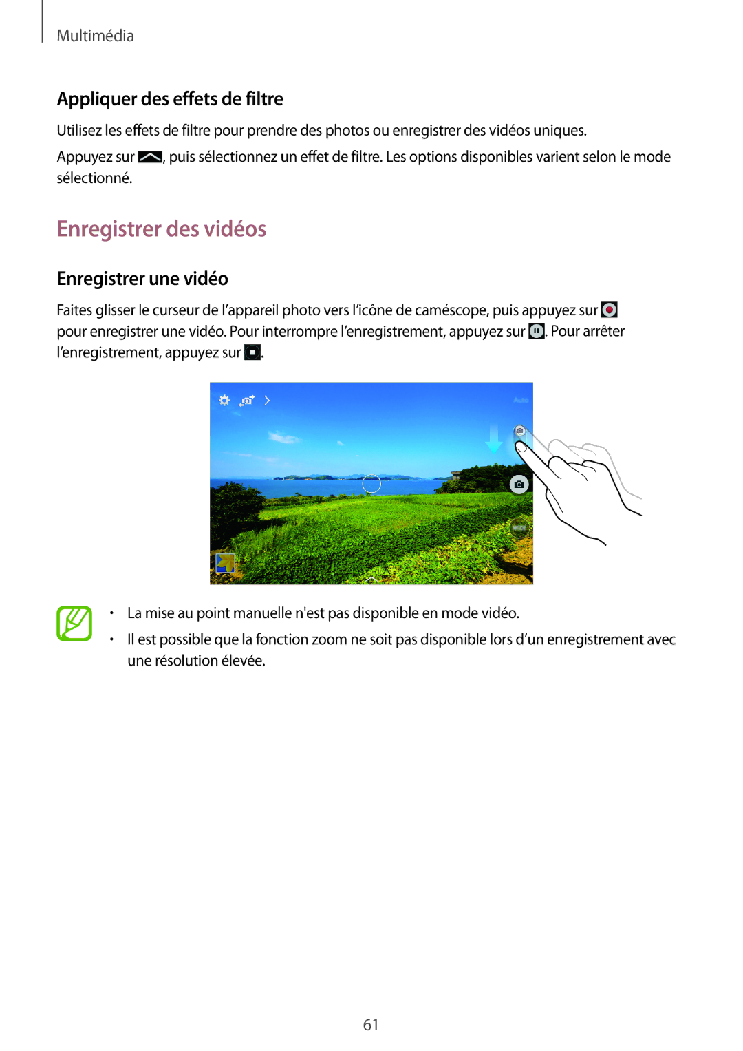 Samsung SM-T360NNGAXEF manual Enregistrer des vidéos, Appliquer des effets de filtre, Enregistrer une vidéo 