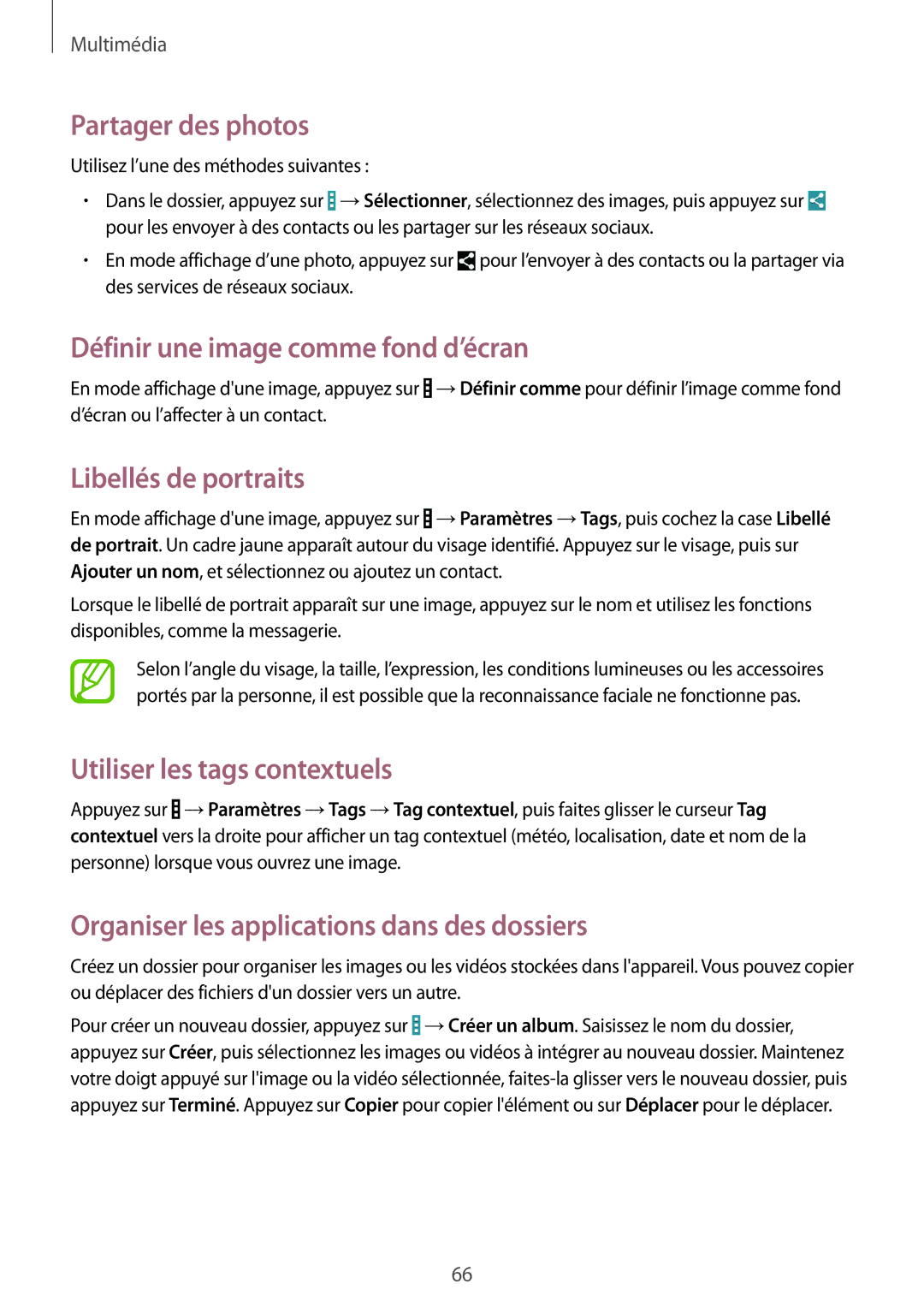 Samsung SM-T360NNGAXEF manual Partager des photos, Définir une image comme fond d’écran, Libellés de portraits 