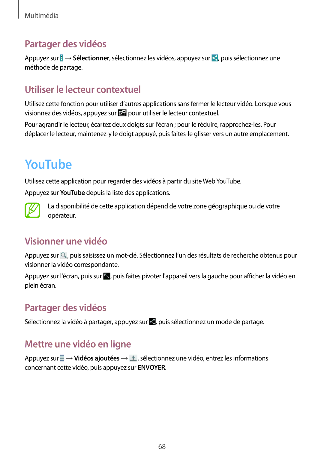 Samsung SM-T360NNGAXEF manual YouTube, Partager des vidéos, Utiliser le lecteur contextuel, Visionner une vidéo 