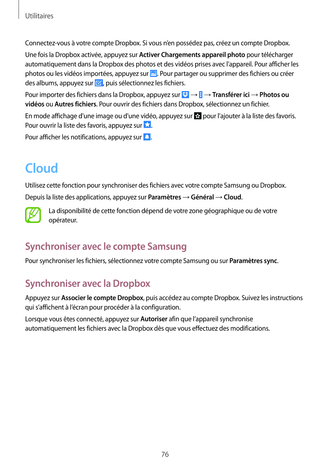 Samsung SM-T360NNGAXEF manual Cloud, Synchroniser avec le compte Samsung, Synchroniser avec la Dropbox 