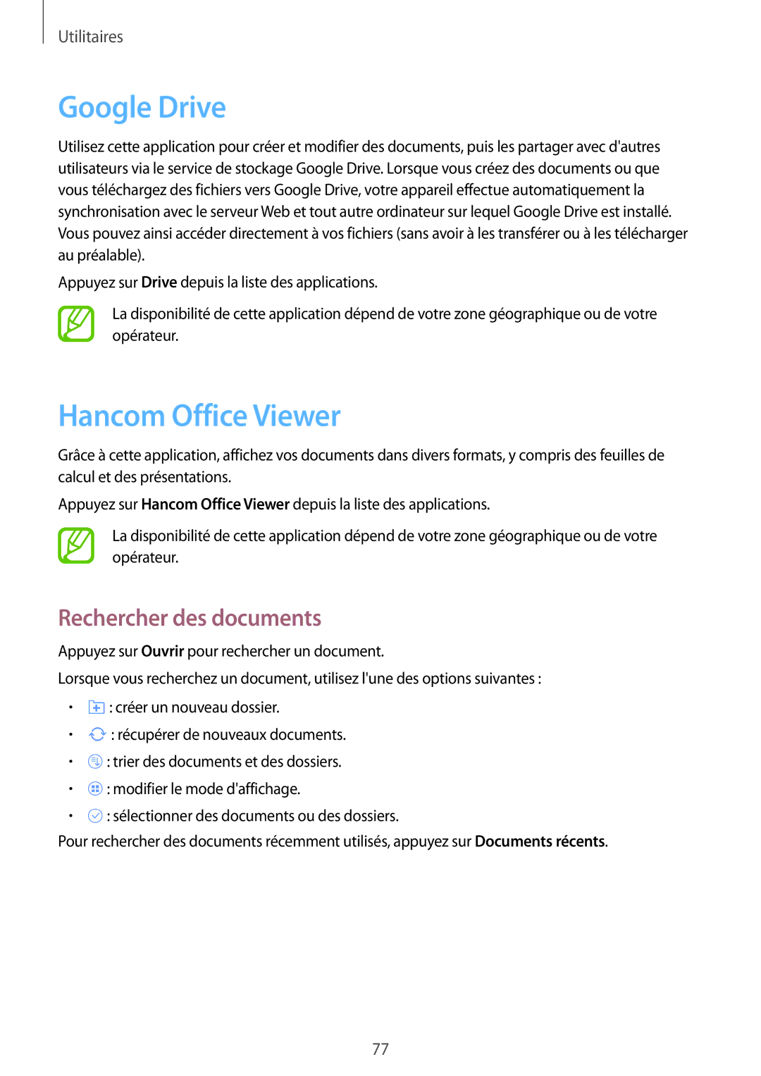 Samsung SM-T360NNGAXEF manual Google Drive, Hancom Office Viewer, Rechercher des documents 