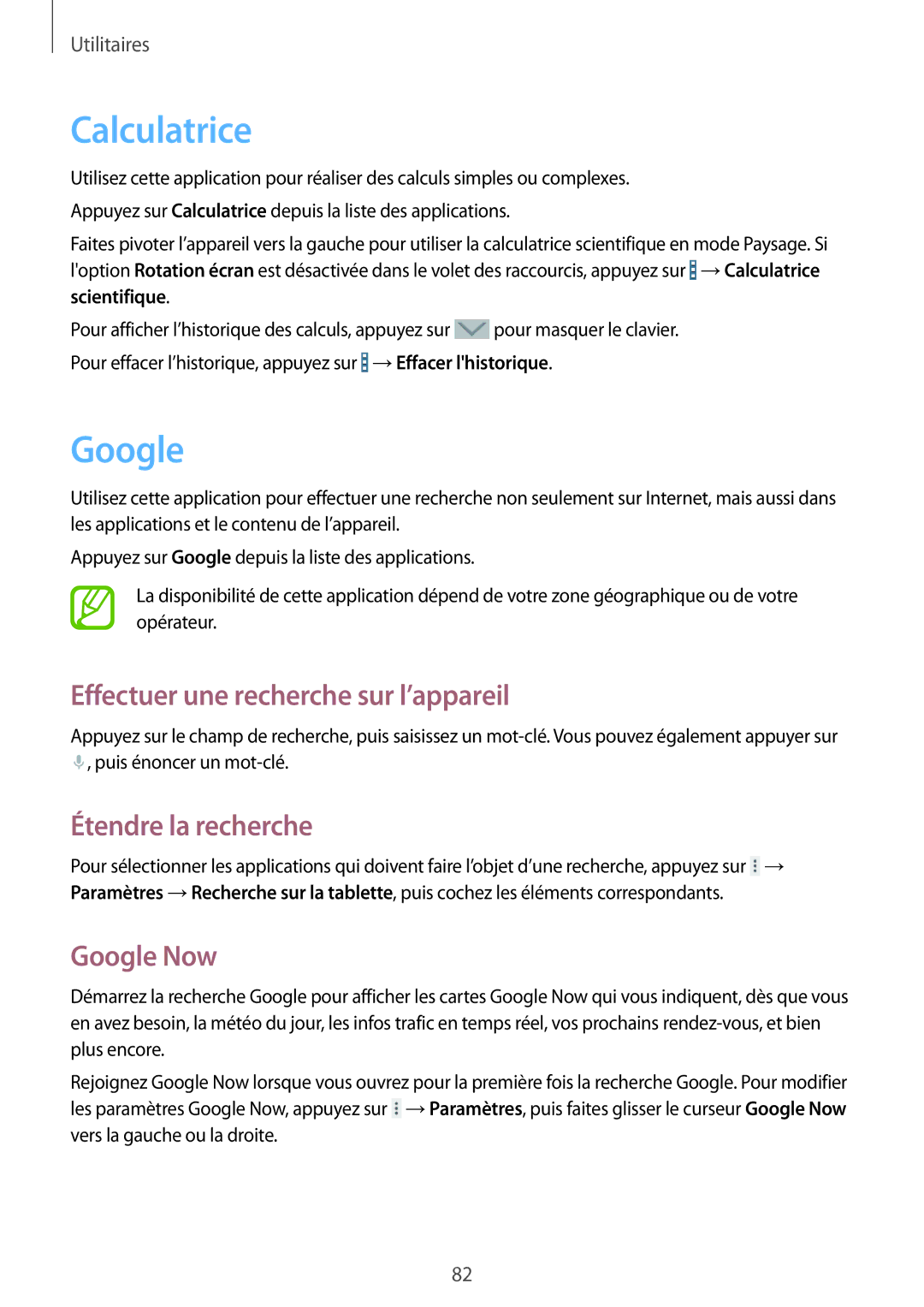 Samsung SM-T360NNGAXEF manual Calculatrice, Effectuer une recherche sur l’appareil, Étendre la recherche, Google Now 