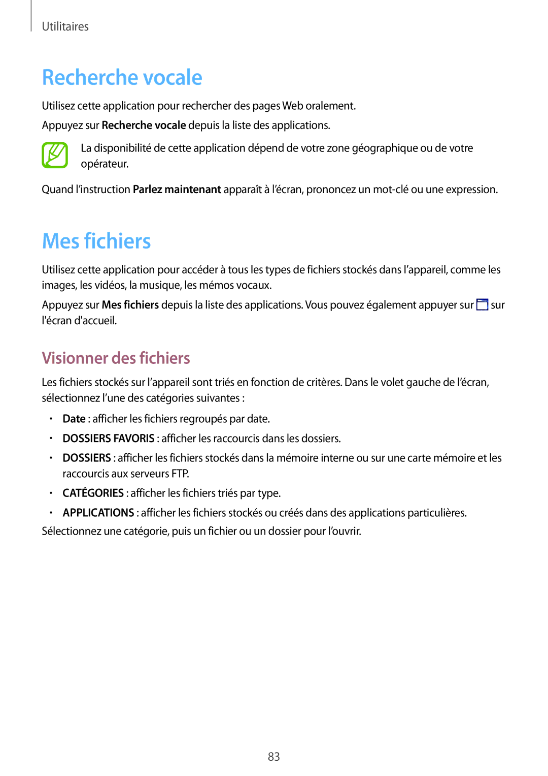 Samsung SM-T360NNGAXEF manual Recherche vocale, Mes fichiers, Visionner des fichiers 