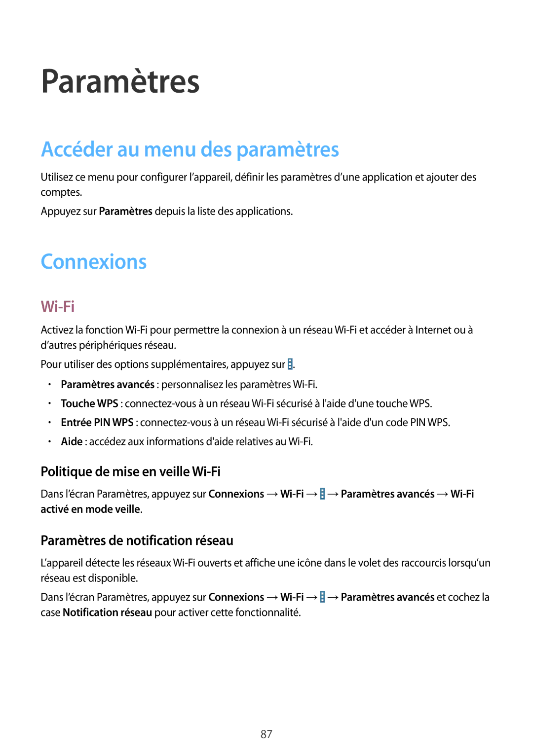 Samsung SM-T360NNGAXEF manual Paramètres, Accéder au menu des paramètres, Connexions, Wi-Fi 