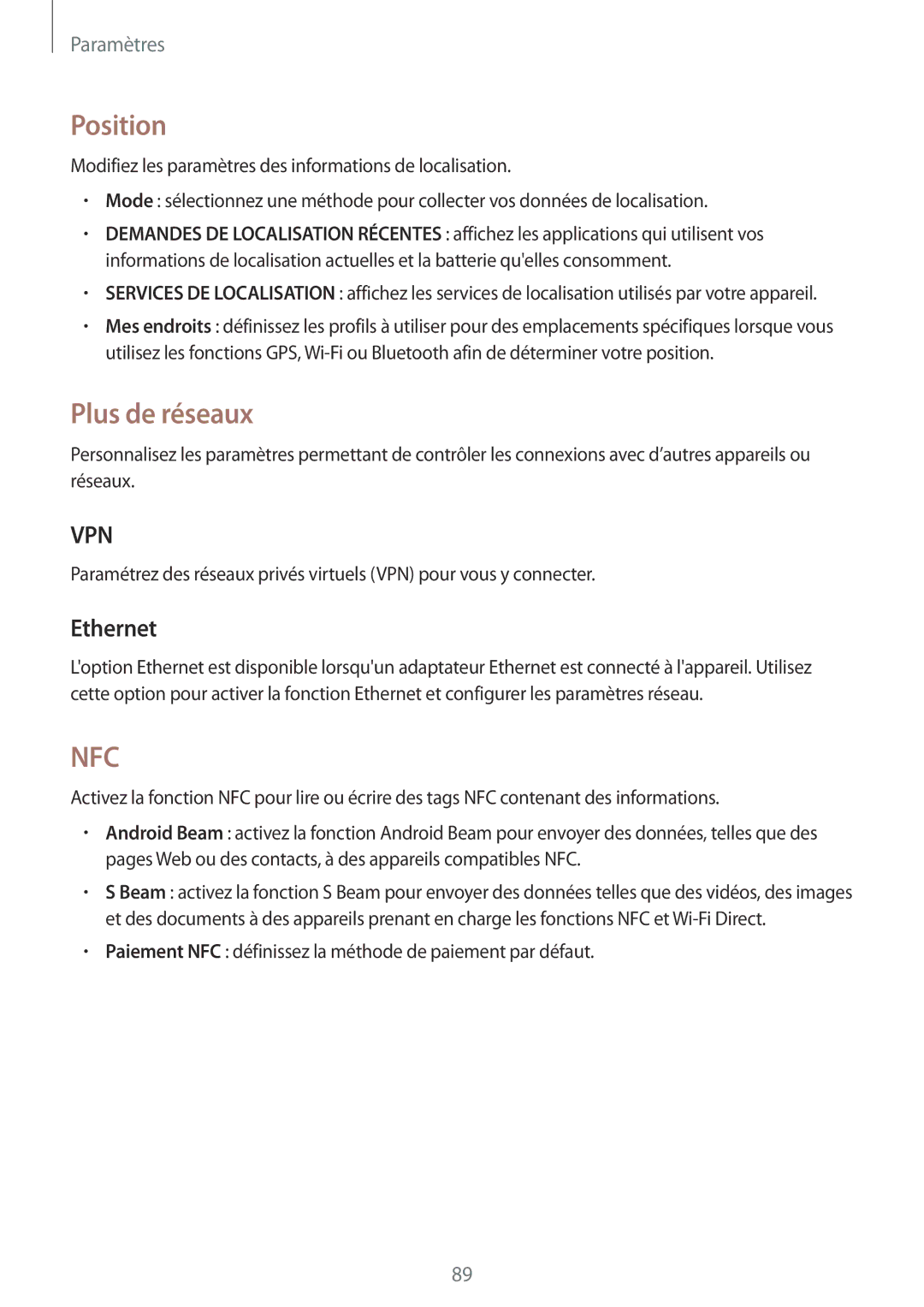 Samsung SM-T360NNGAXEF manual Position, Plus de réseaux, Ethernet 