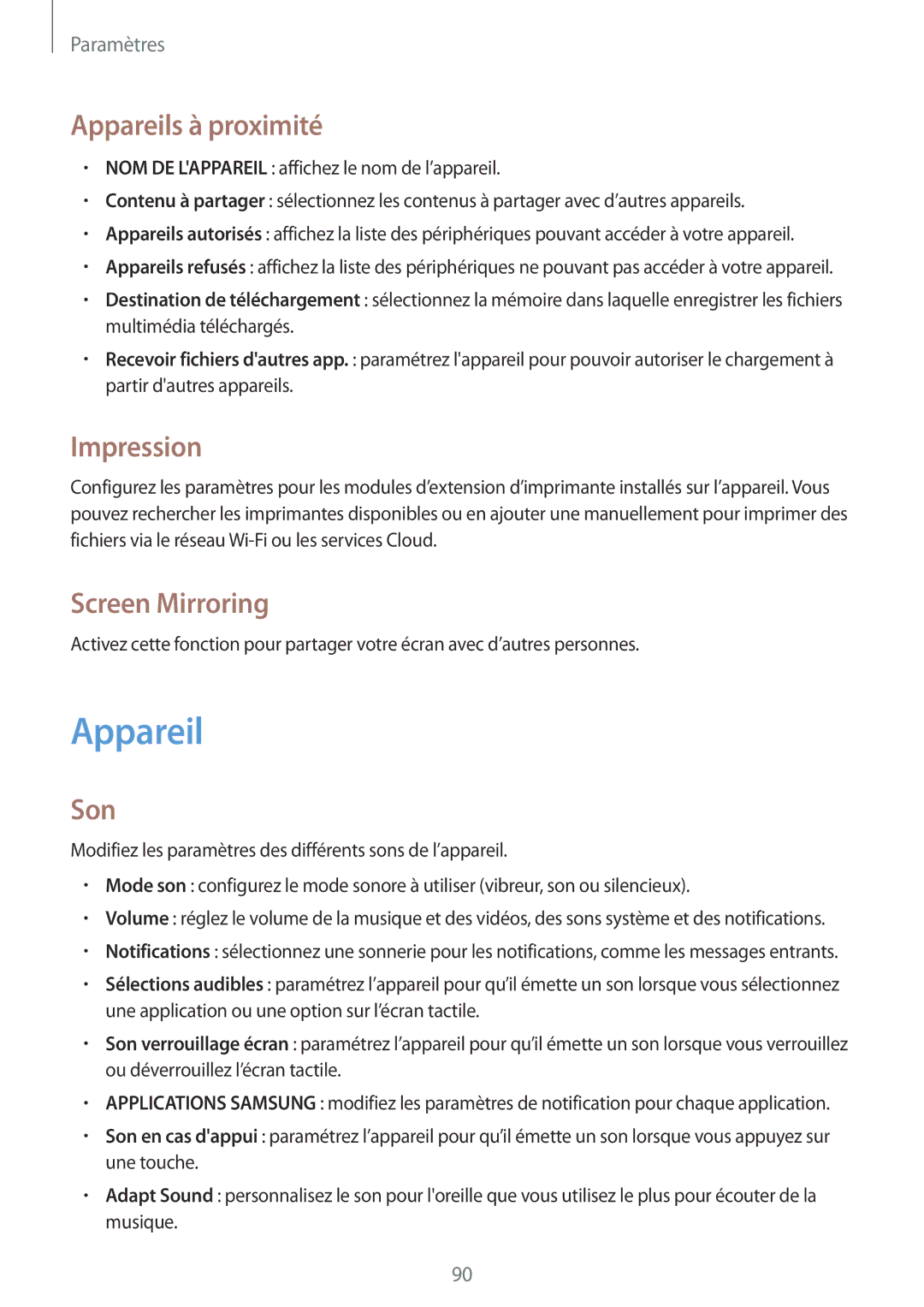 Samsung SM-T360NNGAXEF manual Appareils à proximité, Impression, Screen Mirroring, Son 