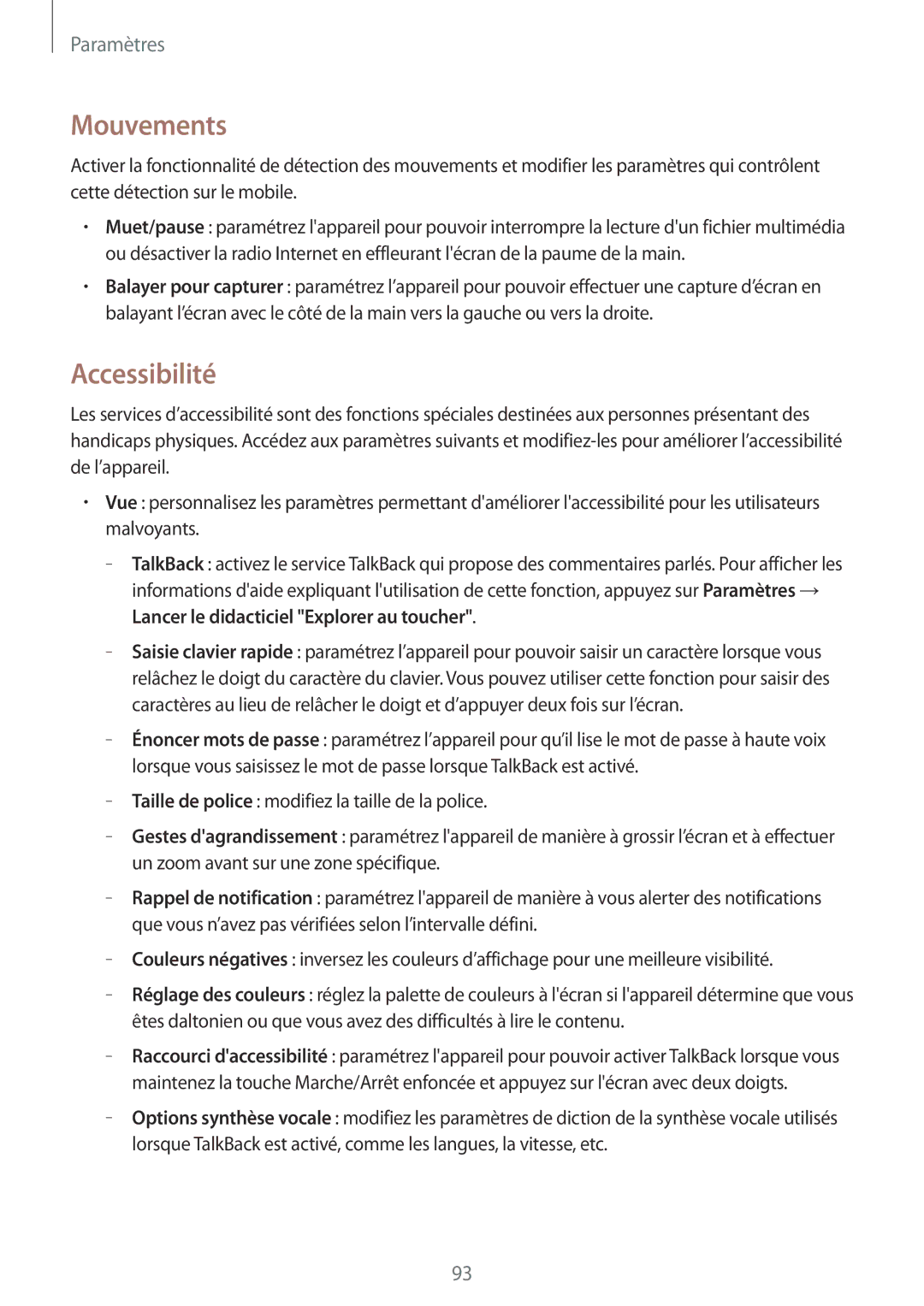 Samsung SM-T360NNGAXEF manual Mouvements, Accessibilité 