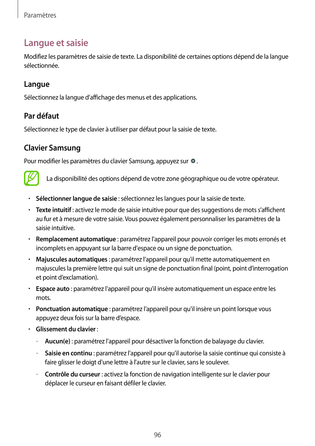 Samsung SM-T360NNGAXEF manual Langue et saisie, Par défaut, Clavier Samsung, Glissement du clavier 