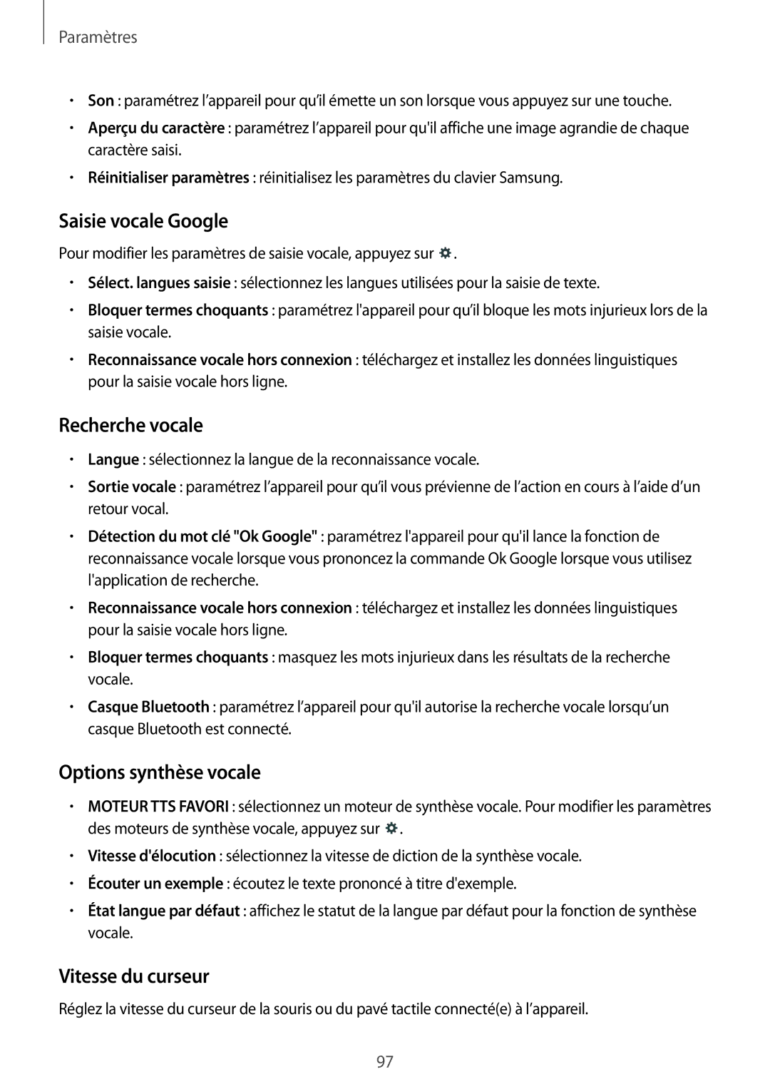 Samsung SM-T360NNGAXEF manual Saisie vocale Google, Recherche vocale, Options synthèse vocale, Vitesse du curseur 