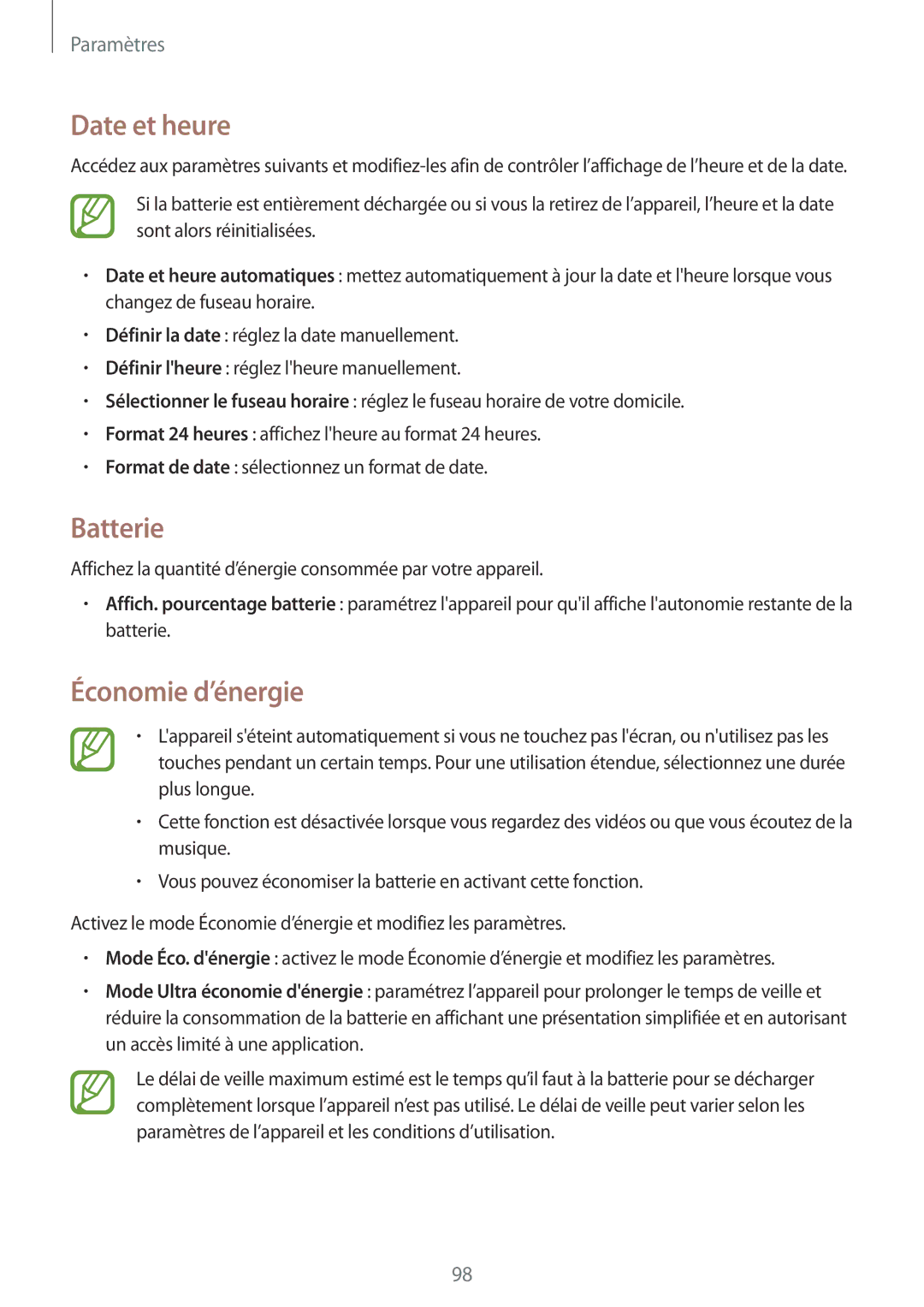 Samsung SM-T360NNGAXEF manual Date et heure, Batterie, Économie d’énergie 