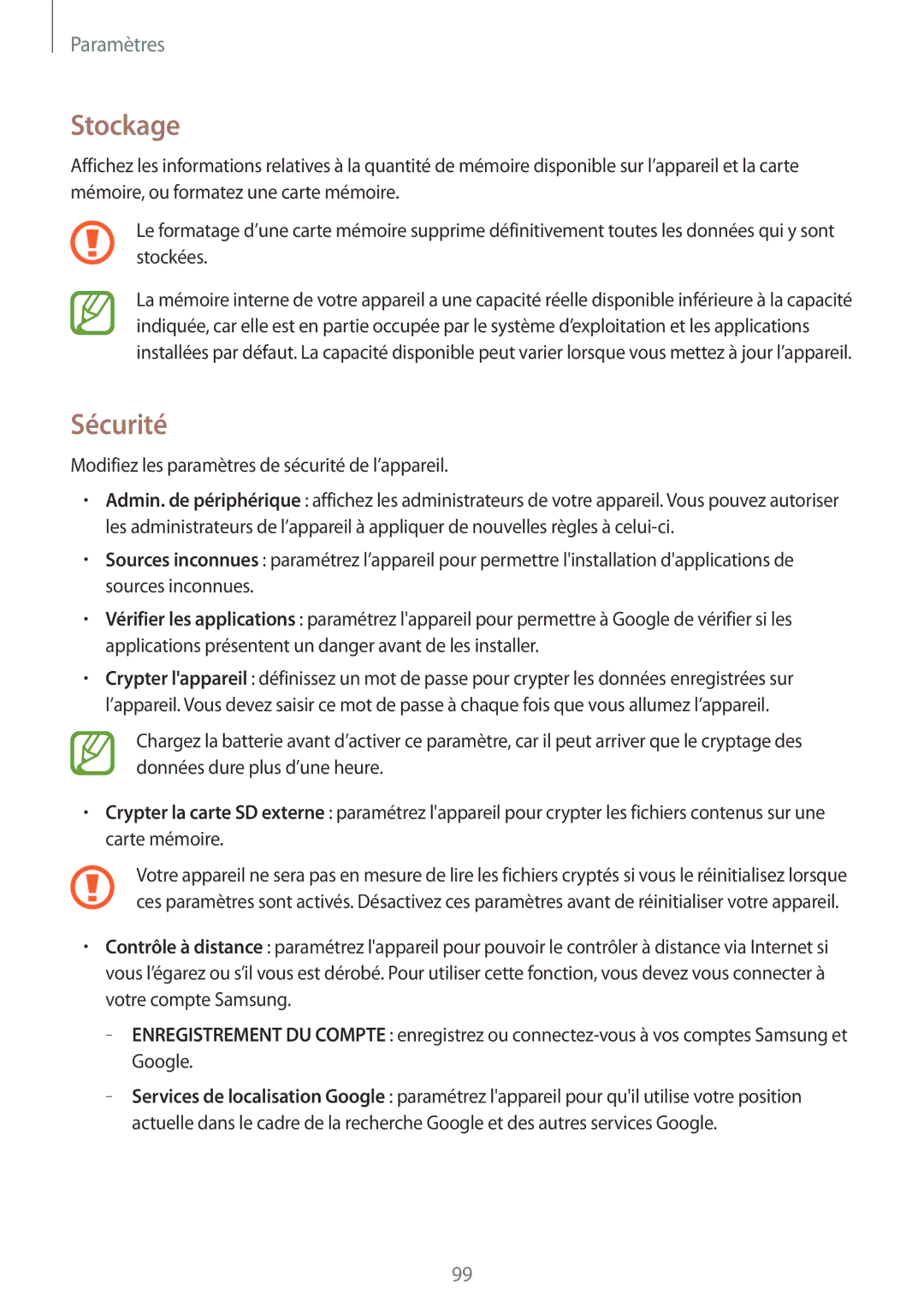 Samsung SM-T360NNGAXEF manual Stockage, Sécurité 