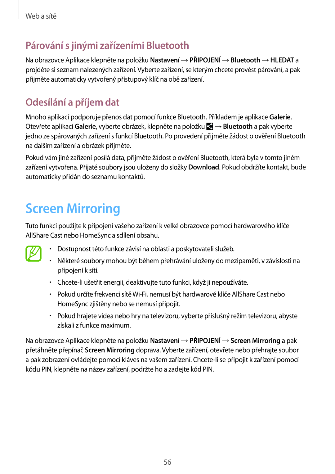 Samsung SM-T360NNGAXSK, SM-T360NNGAXEZ Screen Mirroring, Párování s jinými zařízeními Bluetooth, Odesílání a příjem dat 