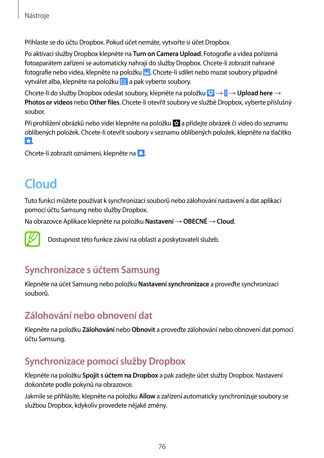 Samsung SM-T360NNGAXSK, SM-T360NNGAXEZ manual Cloud, Synchronizace s účtem Samsung, Zálohování nebo obnovení dat 