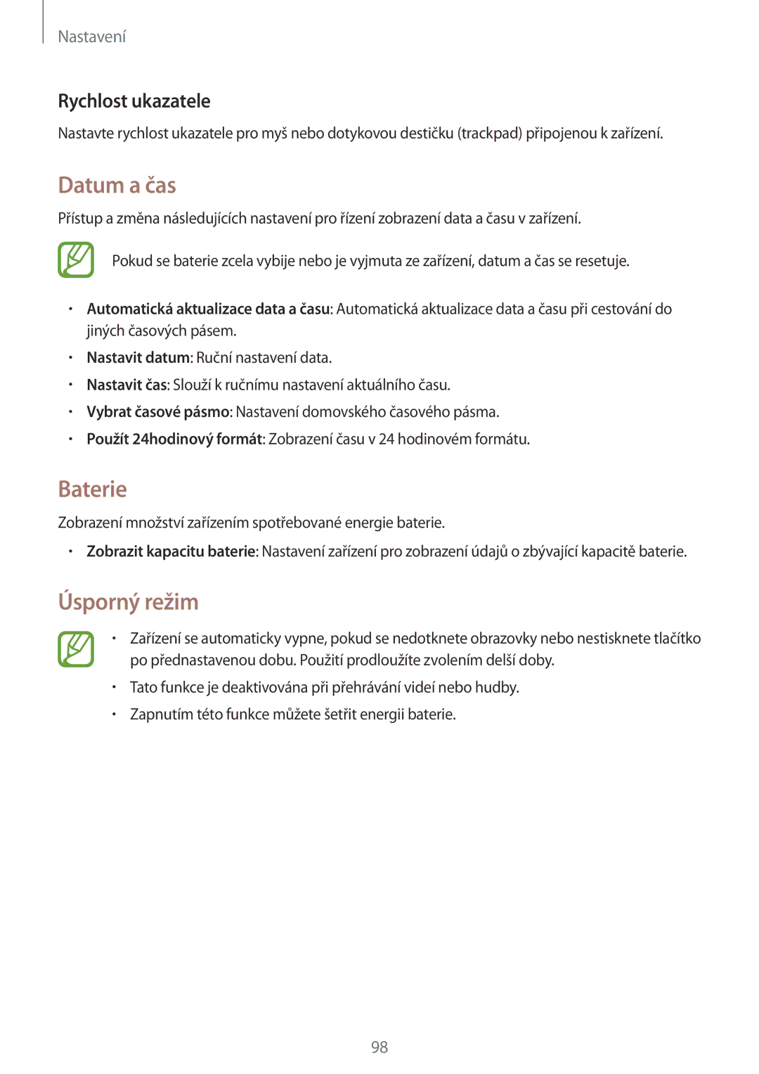 Samsung SM-T360NNGAXSK, SM-T360NNGAXEZ manual Datum a čas, Baterie, Úsporný režim, Rychlost ukazatele 