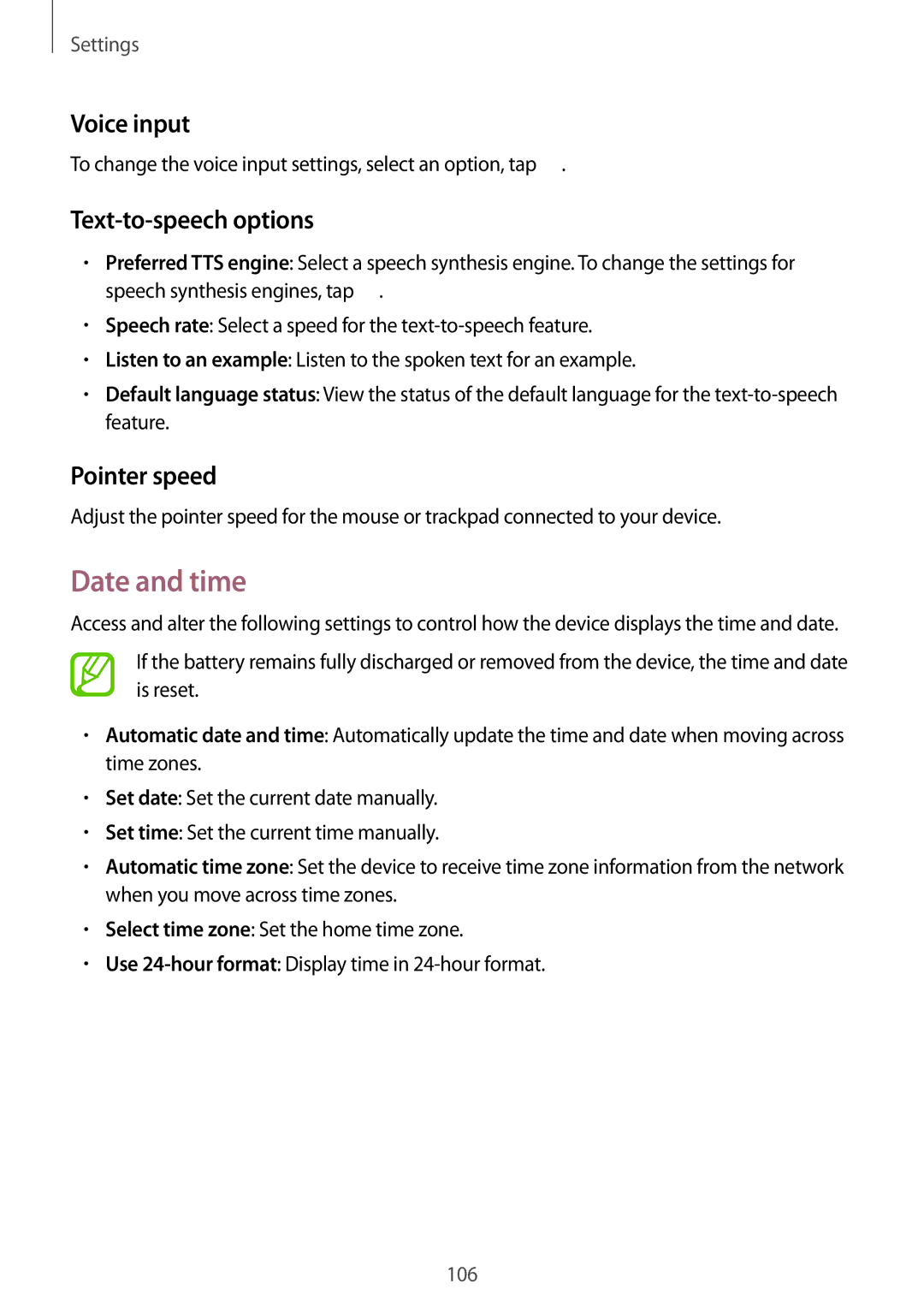 Samsung SM-T365NNGANEE, SM-T365NNGAATO, SM-T365NNGATUR Date and time, Voice input, Text-to-speech options, Pointer speed 