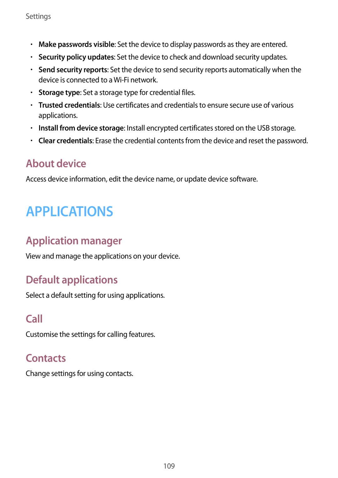 Samsung SM-T365NNGATUR, SM-T365NNGAATO manual About device, Application manager, Default applications, Call, Contacts 