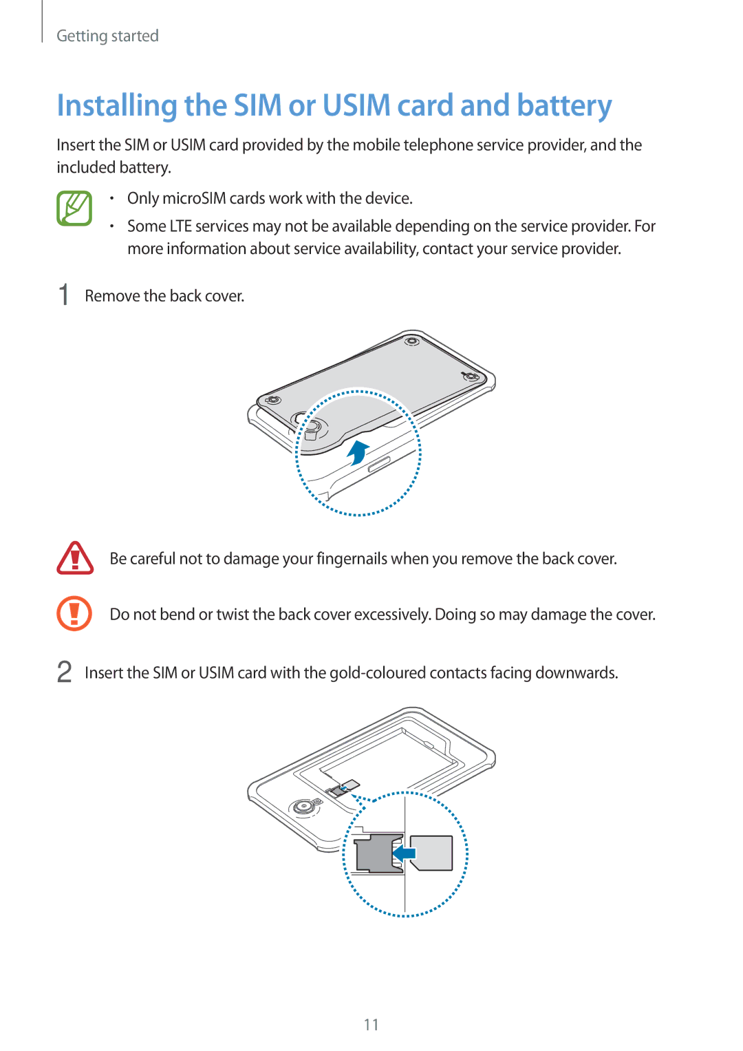 Samsung SM-T365NNGATPH, SM-T365NNGAATO, SM-T365NNGATUR, SM-T365NNGADBT manual Installing the SIM or Usim card and battery 