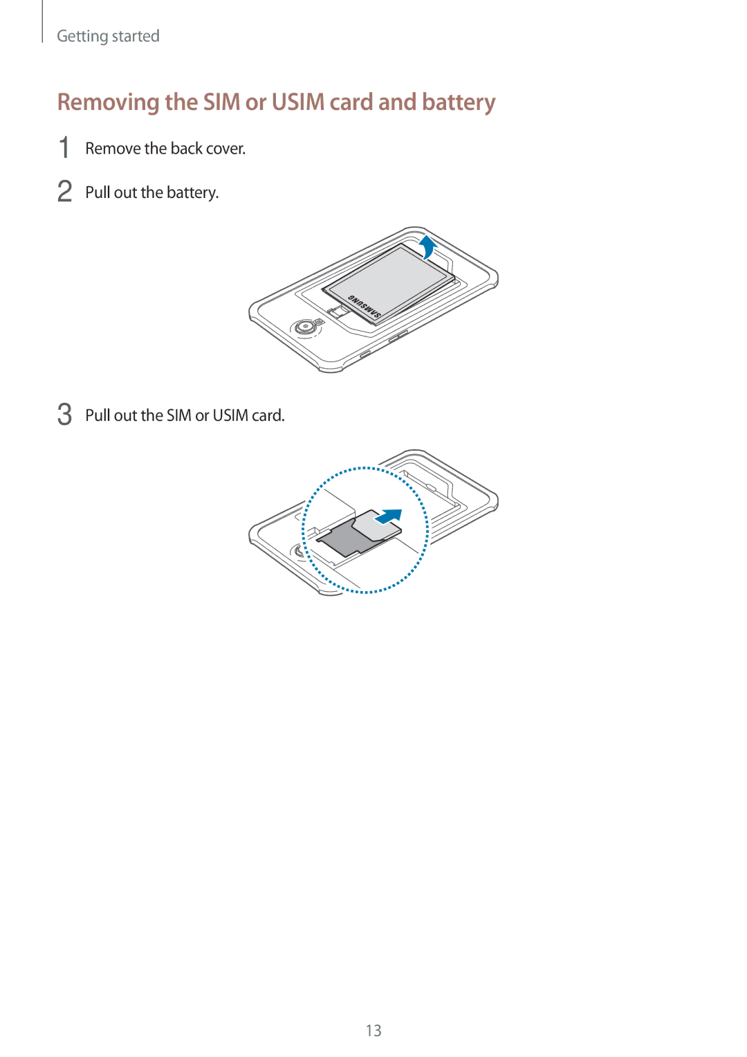 Samsung SM-T365NNGAXEH, SM-T365NNGAATO, SM-T365NNGATUR, SM-T365NNGADBT manual Removing the SIM or Usim card and battery 