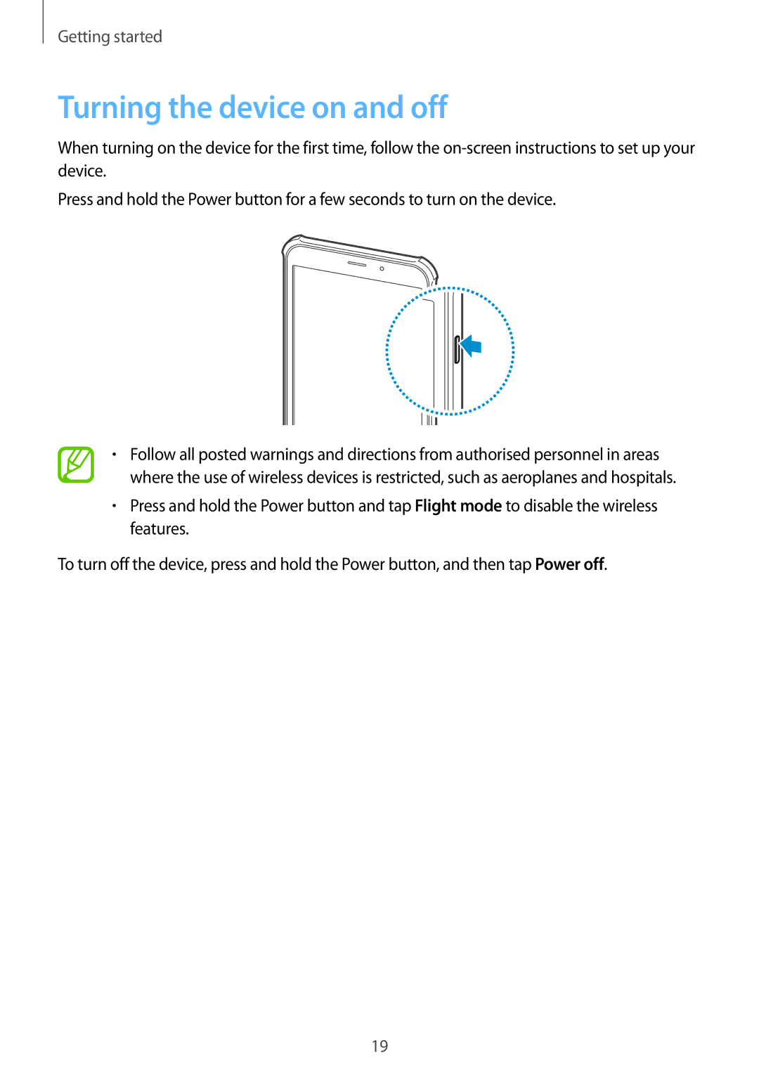 Samsung SM-T365NNGATUR, SM-T365NNGAATO, SM-T365NNGADBT, SM-T365NNGASEB, SM-T365NNGABTU manual Turning the device on and off 