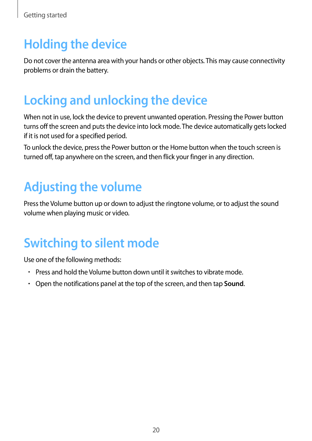 Samsung SM-T365NNGADBT, SM-T365NNGAATO manual Holding the device, Locking and unlocking the device, Adjusting the volume 