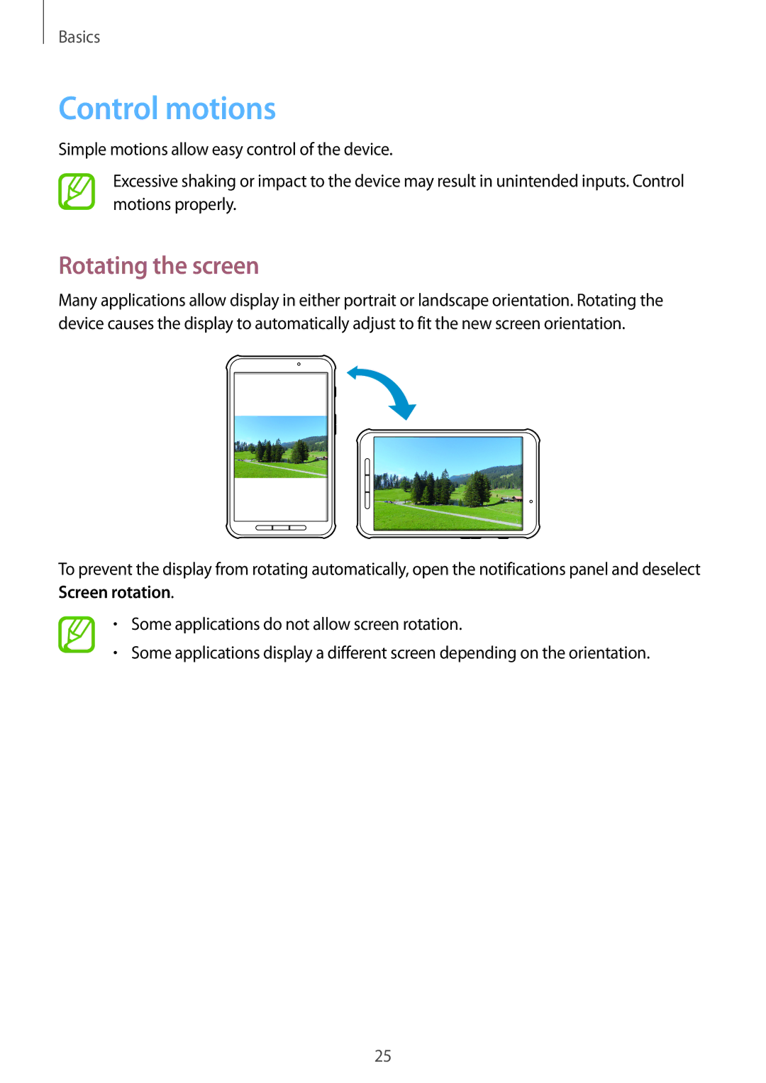 Samsung SM-T365NNGAXEF, SM-T365NNGAATO, SM-T365NNGATUR, SM-T365NNGADBT, SM-T365NNGASEB Control motions, Rotating the screen 