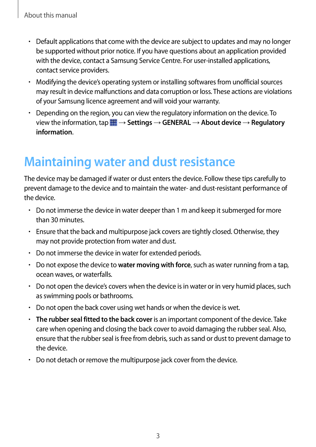 Samsung SM-T365NNGASEB, SM-T365NNGAATO, SM-T365NNGATUR Maintaining water and dust resistance, About this manual 