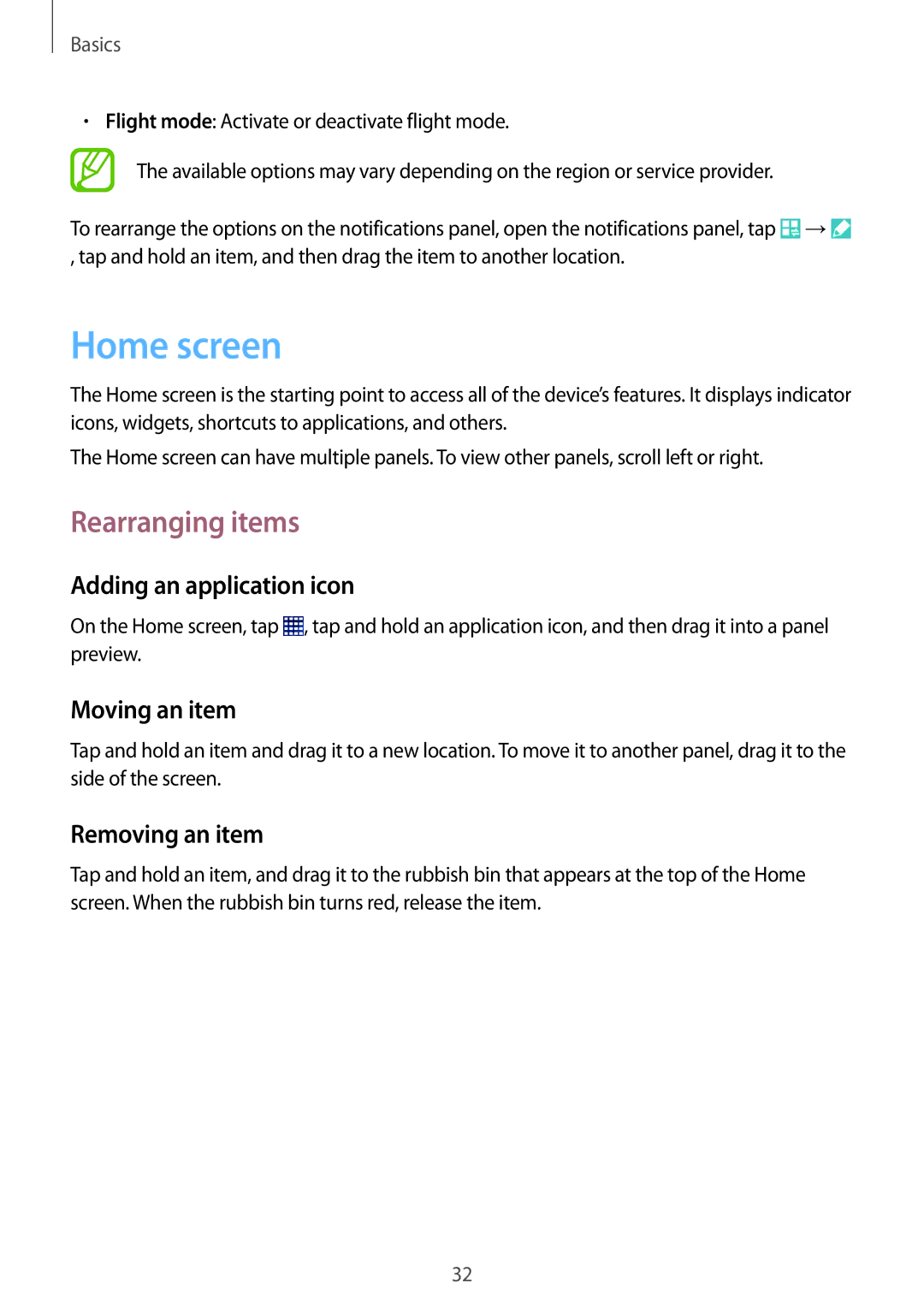 Samsung SM-T365NNGAXSK manual Home screen, Rearranging items, Adding an application icon, Moving an item, Removing an item 