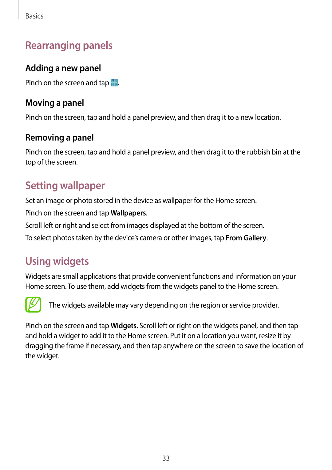 Samsung SM-T365NNGAXEZ, SM-T365NNGAATO, SM-T365NNGATUR, SM-T365NNGADBT Rearranging panels, Setting wallpaper, Using widgets 